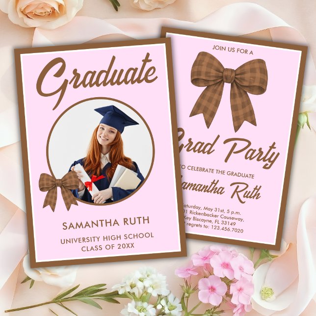 Convite Brown Gingham Bow Photo Graduation Party (Criador carregado)