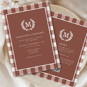 Convite Brown Gingham Monogramas Crest Código QR