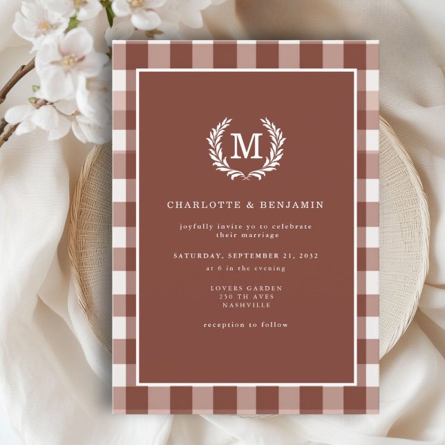 Convite Brown Gingham Monographic Crest (Brown Gingham Monogram Crest Invitation. Print & Instant Download.)
