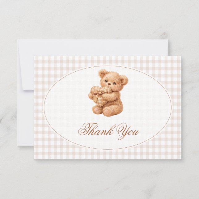 Convite Brown Gingham Teddy Bear Neutral Baby Shower Paper (Frente)