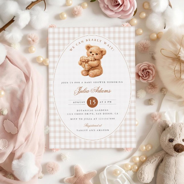 Convite Brown Gingham Teddy Bear Neutral Baby Shower Paper (Criador carregado)