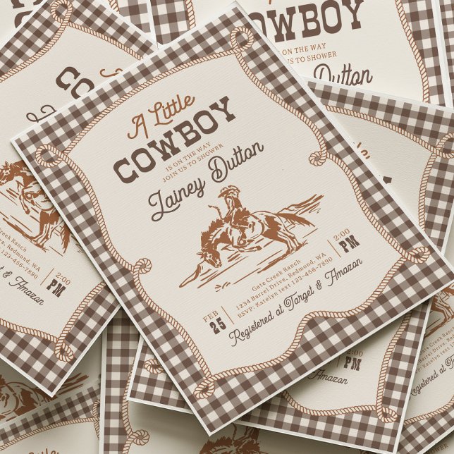 Convite Brown Gingham Western Baby Shower Invitation (Criador carregado)