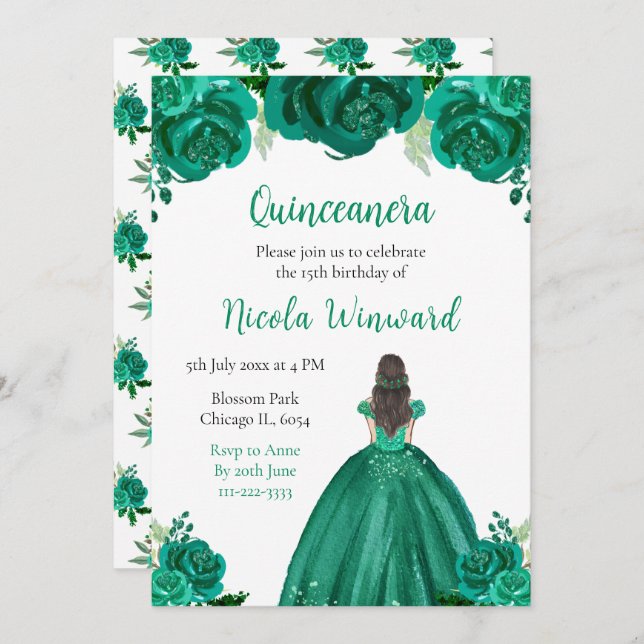 Convite Brown Hair Princesa Verde Quinceanera (Frente/Verso)