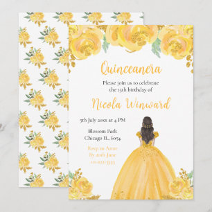 Convite Brown Hair Princess Dourada Floral Quinceanera