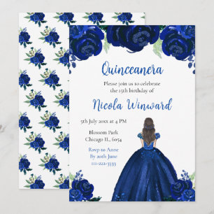 Convite Brown Hair Princess Marinho Floral Quinceanera