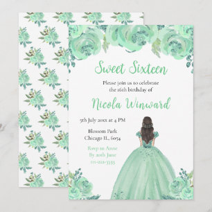 Convite Brown Hair Princess Mint Floral Sweet Sessenta