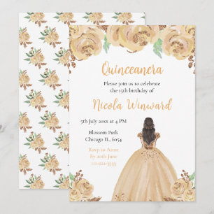 Convite Brown Hair Princess Peach Floral Quinceanera