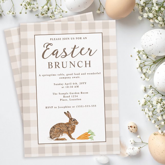 Convite Brown Hare Beige Gingham Rustic Easter Brunch (Criador carregado)