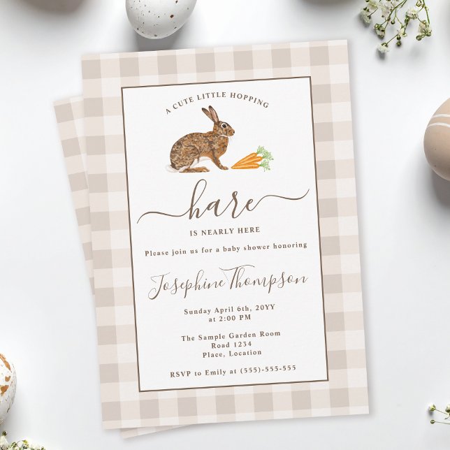 Convite Brown Hare On Beige Gingham Easter Baby Shower (Criador carregado)