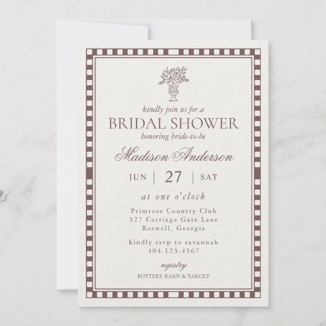 Convite Brown Harlequin Checkered Bridal Shower (Frente)