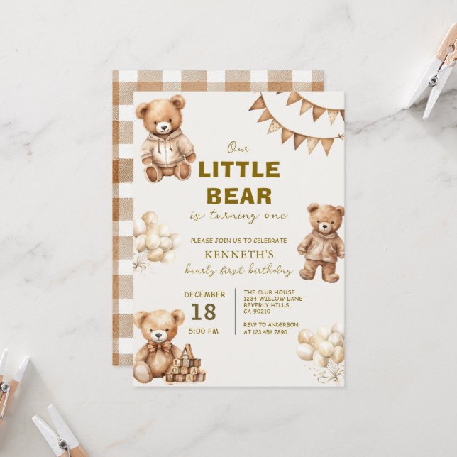Convite Brown Little Bear is Turning One Birthday Party (Frente/Verso In Situ)