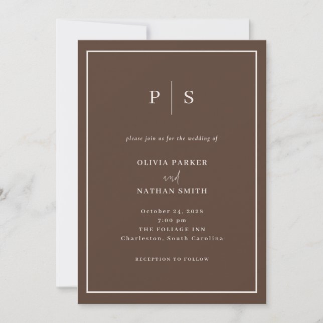 Convite Brown Minimal and Chic Creamy White Border Wedding (Frente)