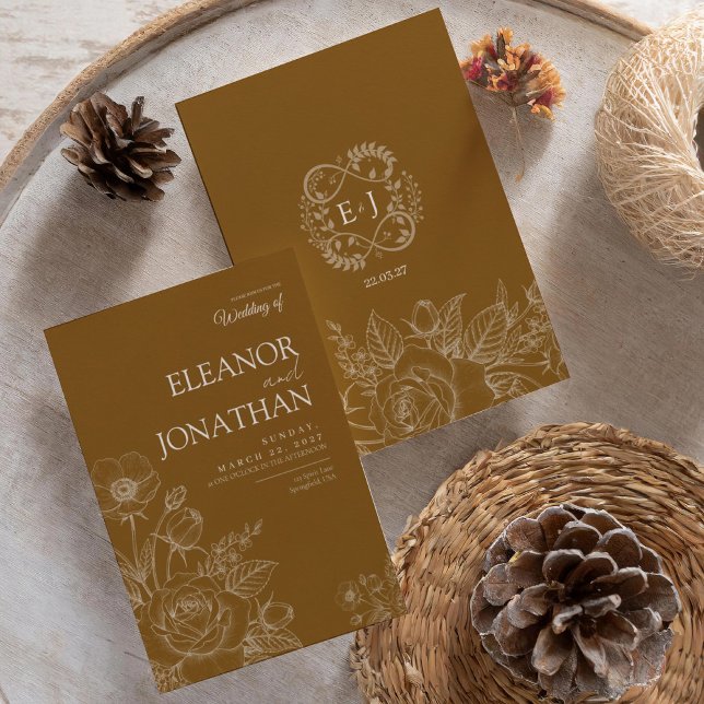 Convite Brown Minimalist Rustic Floral Elegant Wedding  (Criador carregado)