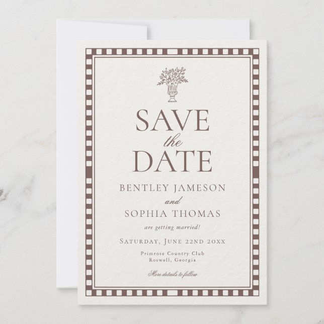 Convite Brown Mocha Harlequin Xadrez Save the Date (Frente)