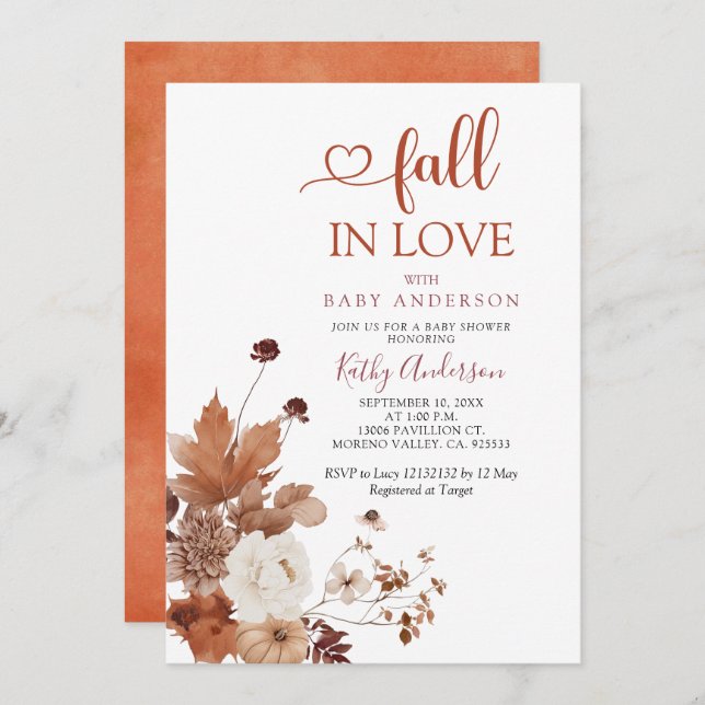 Convite Brown Orange Wildflower Fall in Love Baby Shower (Frente/Verso)