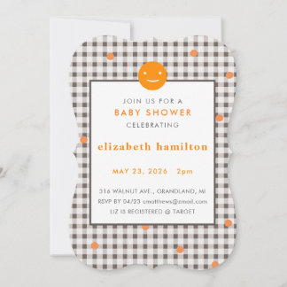 Convite Brown Plaid & Orange Dots Baby Shower Invitation