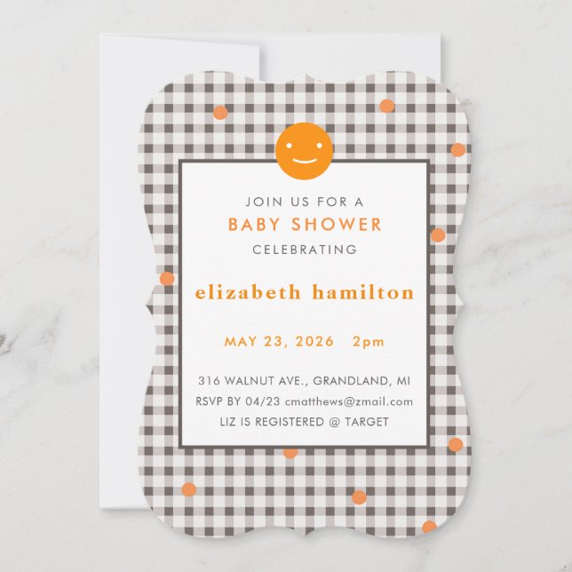 Convite Brown Plaid & Orange Dots Baby Shower Invitation (Frente)