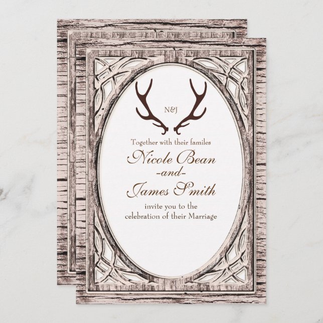 Convite Brown Rustic Deer Antlers White Wood Invent (Frente/Verso)