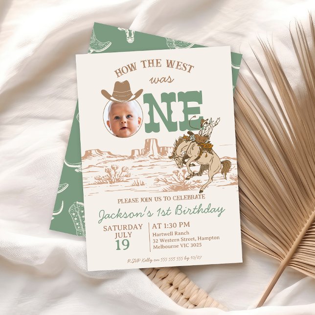 Convite Brown Sage Boys Como O Ocidente Era Um primeiro an (Sage Green Brown How The West Was One 1st Birthday Invitation Boy Cowboy Western Bronco Photo Invite)