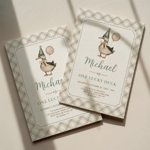 Convite Brown Sage One Lucky Duck Balloon primeiro anivers