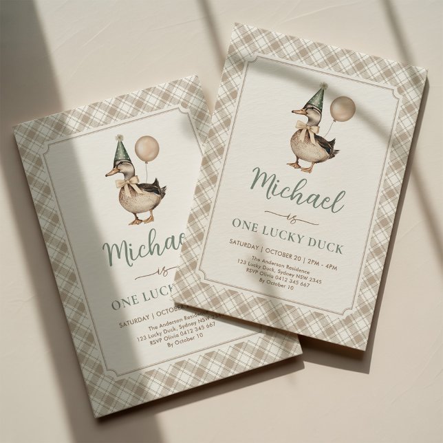 Convite Brown Sage One Lucky Duck Balloon primeiro anivers (Criador carregado)