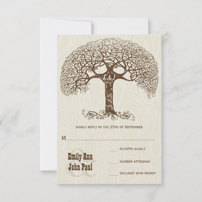 Convite Brown Swirl Tree Ivory Woodgrain Wedding RSVP (Frente)