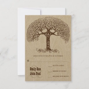 Convite Brown Swirl Tree Ivory Woodgrain Wedding RSVP