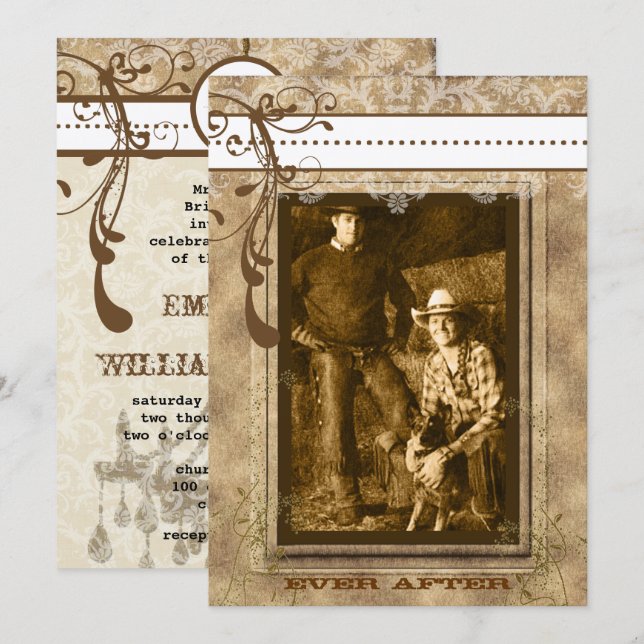 Convite Brown Swirl Vintage Chandelier Damask Your Photo (Frente/Verso)