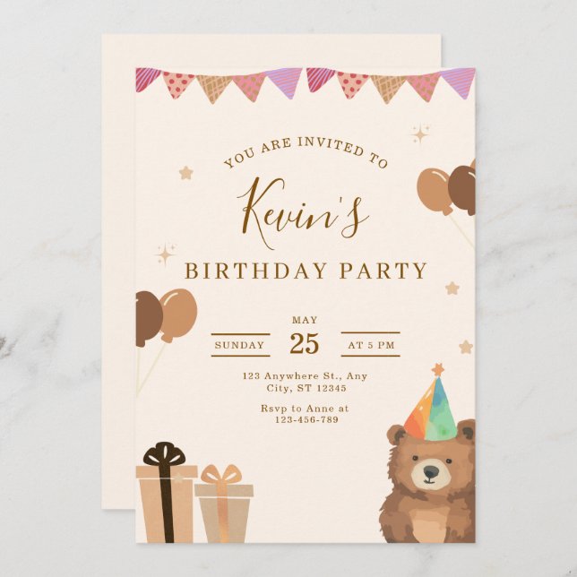 Convite Brown Teddy Bear Birthday Invitation, Cute Neutral (Frente/Verso)