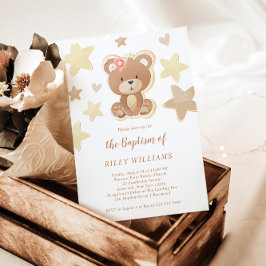 Convite Brown Teddy Bear Girl Baptism