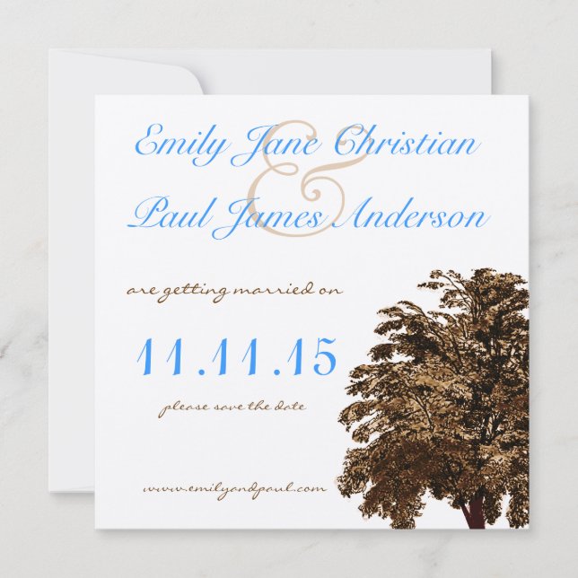 Convite Brown Tree Aqua Blue Font Casamento Salvar a Data (Frente)