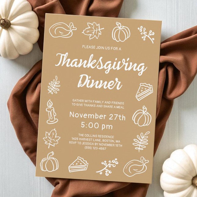 Convite Brown Whimsical Hand Desenhou Ação de Graças Moder (Modern Brown Doodle Pumpkin Thanksgiving Dinner Invitation)