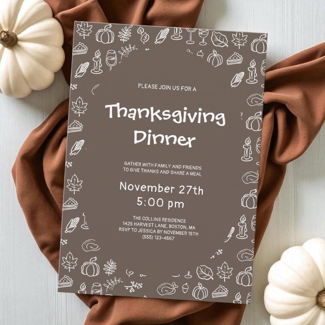 Convite Brown Whimsical Hand Drawn Festa de Ação de Graças (Brown Whimsical Hand Drawn Thanksgiving Party Invitation)