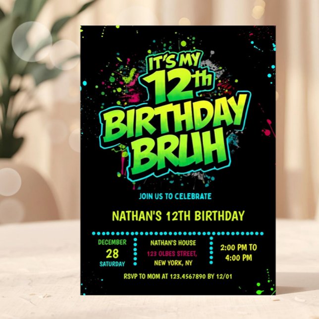 Convite Bruh 12th Birthday Boy Neon Modern Invitation (neon 12th birthday invitation, 12th birthday party, 12 twelve, green black, gamer gaming tech comput)