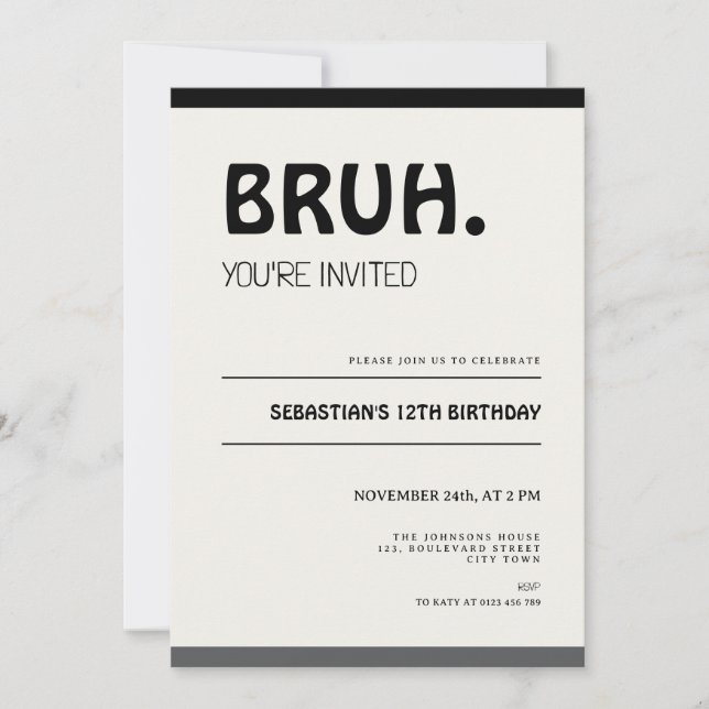 Convite Bruh 12th Birthday Invitation Teens Boy Party (Frente)