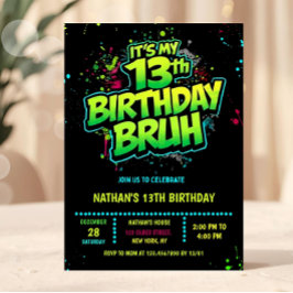 Convite Bruh 13th Birthday Boy Neon Modern Invitation