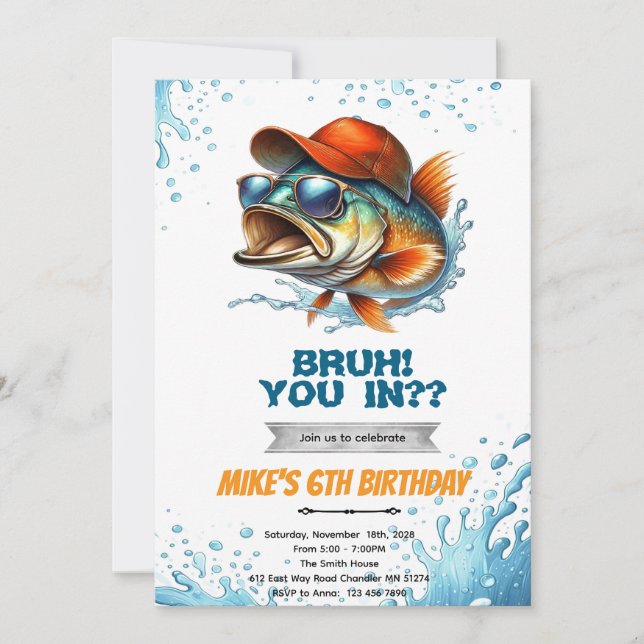Convite Bruh Bass Fishing Birthday Invitation (Frente)