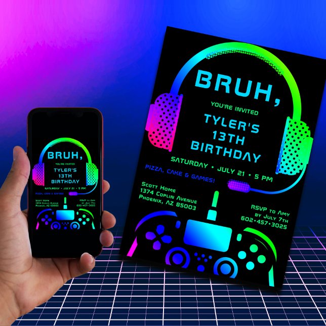 Convite Bruh Boy Teen Birthday Neon Video Game Party (The number can be changed to any age.)
