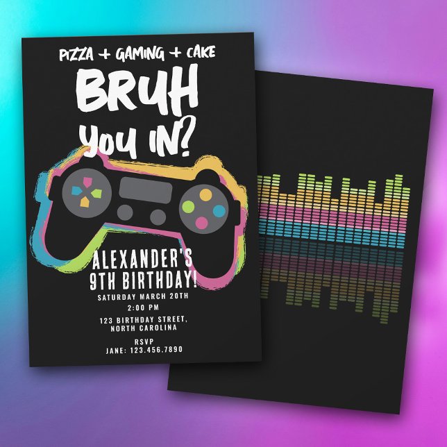 Convite Bruh Boy's Birthday Neon Gaming Teen Gamer (Bruh Boy's Birthday Neon Gaming Teen Gamer Invitation)