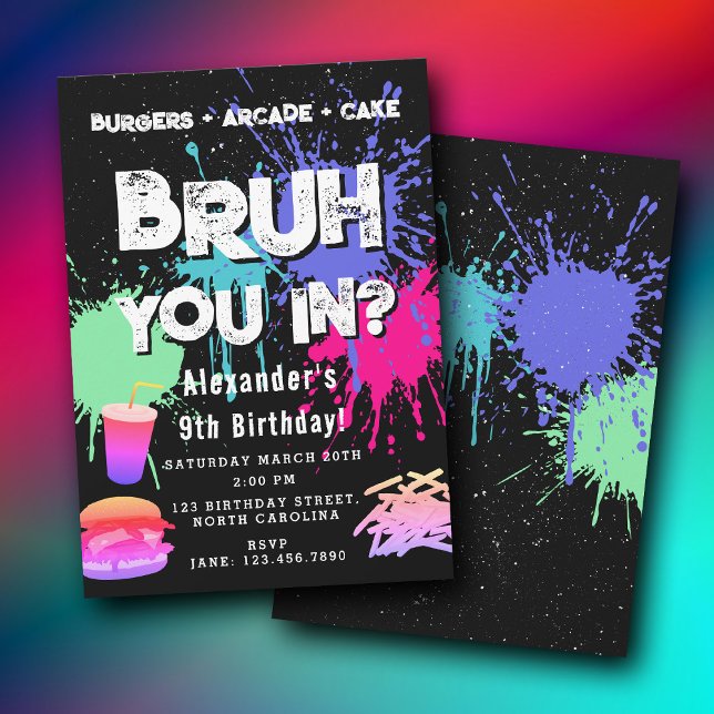 Convite Bruh Boy's Birthday Neon Graffiti Teenager Burgers (Bruh Boy's Birthday Neon Graffiti Teenager Burgers Invitation)