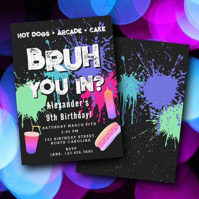 Convite Bruh Boys Birthday Neon Graffiti Teenager Hot Dogs (Bruh Boys Birthday Neon Graffiti Teenager Hot Dogs Invitation)