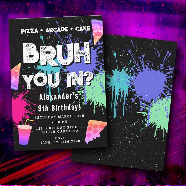 Convite Bruh Boy's Birthday Neon Graffiti Teenager Pizza (Bruh Boy's Birthday Neon Graffiti Teenager Pizza Invitation)