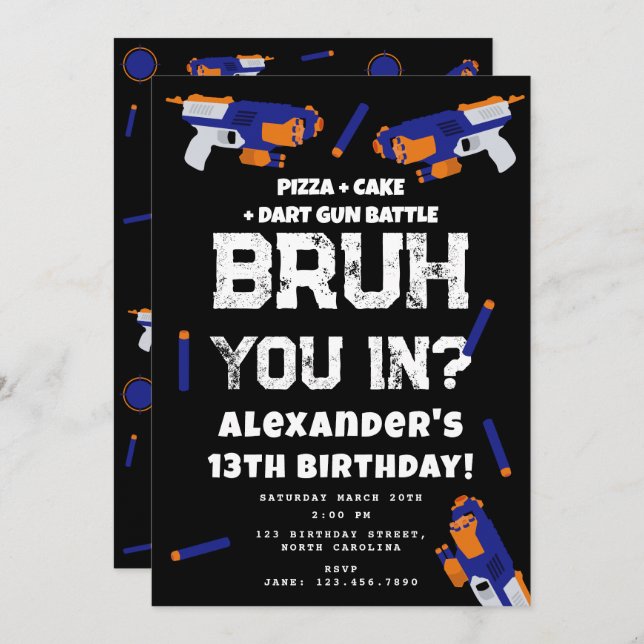 Convite Bruh Boy's Birthday Party Teenager Dart Gun Battle (Frente/Verso)