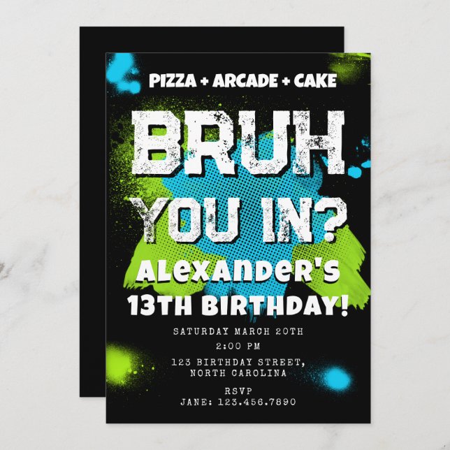 Convite Bruh Boy's Birthday Party Teenager Teen Boy Neon (Frente/Verso)