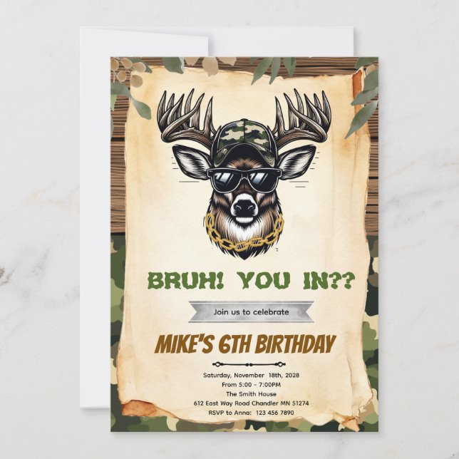 Convite Bruh camo deer hunting party invitation (Frente)