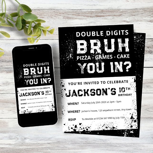Convite BRUH Double Digits Boys 10th Birthday Invitation (Boys Double Digit 10th Birthday Invitation, Black and White Grunge design)