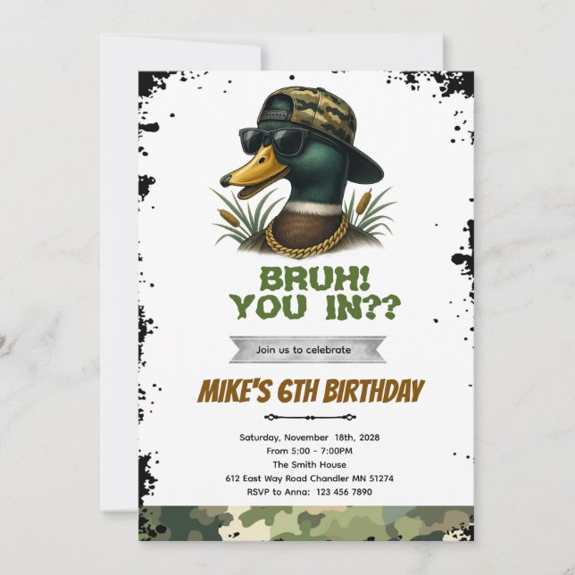 Convite Bruh duck hunting birthday invitation (Frente)