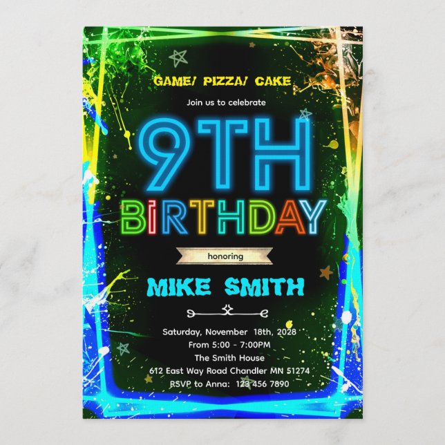 Convite Bruh neon 9 birthday invitation (Frente)