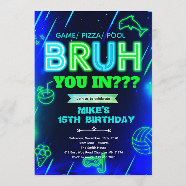 Convite Bruh Neon pool Birthday Invitation (Frente)