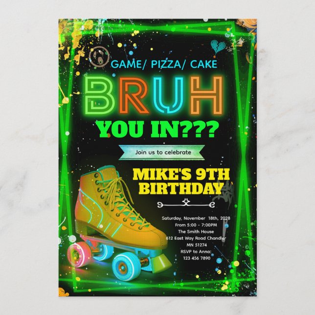 Convite Bruh neon roller skate invitation  (Frente)